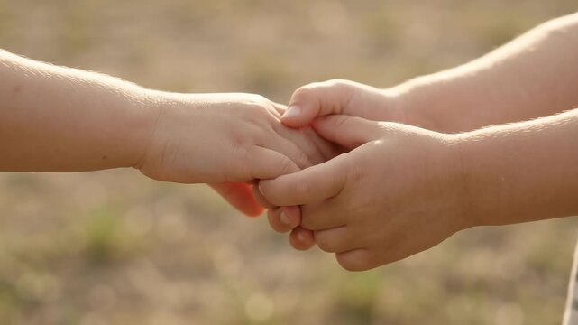 Horizontal close-up video of two young children reaching out and holding hands gently outdoors in a sunny park
