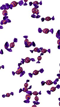Vertical 4K 3D animation of purple and orange striped wrapped Halloween candies falling isolated on solid white background, 9:16 trick or treat party loop for seasonal social media videos