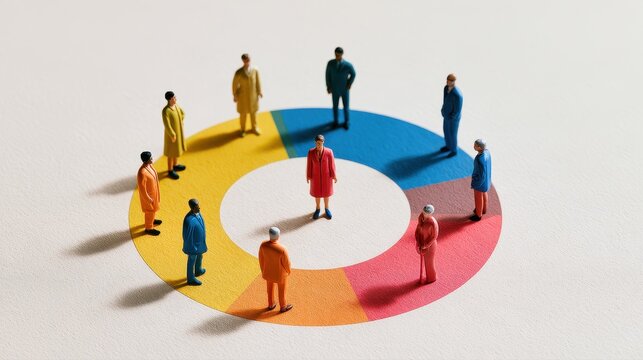 Behavioral analysis grouped figurines decision patterns purchasing trends customer journey commercial insights flat design top view retail theme water color Triadic Color Scheme. 
