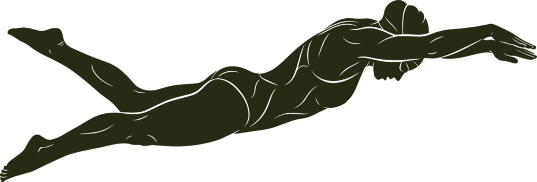 Female swimmer diving or gliding underwater silhouette athletic woman water sports vector illustration isolated on white background for design
