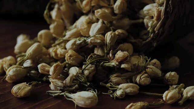 Dried jasmine flowers prepared as a natural ingredient for brewing fragrant jasmine flower tea.