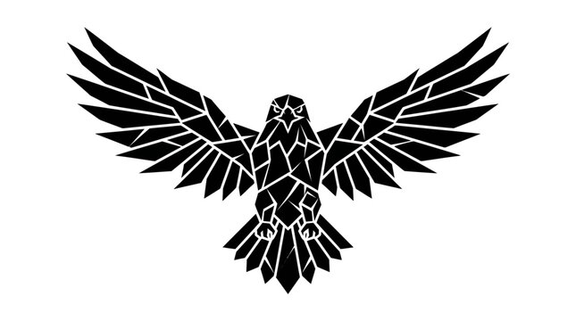 Geometric stylized eagle illustration with wings spread wide in black and white.