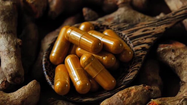 Turmeric capsules made from turmeric extract, presented as a natural herbal supplement and traditional herbal product.