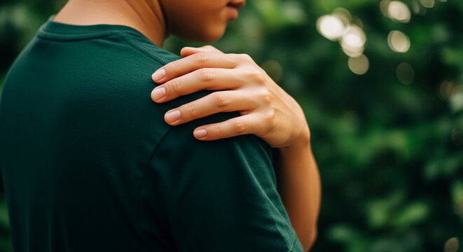 Close-up on a person's shoulder and arm with a hand resting on it, against a blurred green natural background, suggesting introspection or connection.