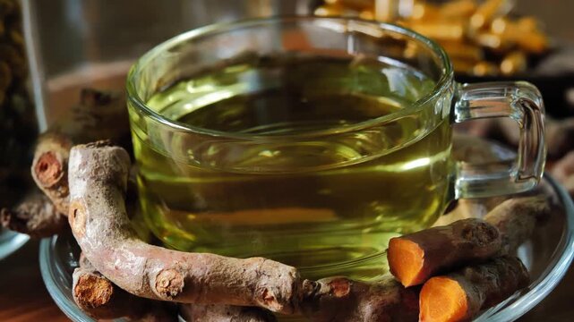 Fresh turmeric rhizomes displayed with a glass of turmeric extract, highlighting a natural herbal beverage and botanical ingredient.