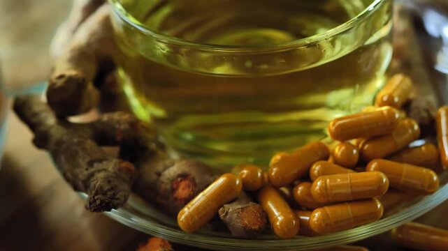 Turmeric capsules made from turmeric extract, presented as a natural herbal supplement and traditional herbal product.