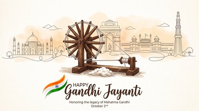 Happy gandhi jayanti illustration with monuments and spinning wheel