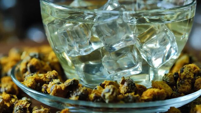 Dried chrysanthemum flowers displayed with a glass of chrysanthemum tea, highlighting a traditional floral herbal beverage