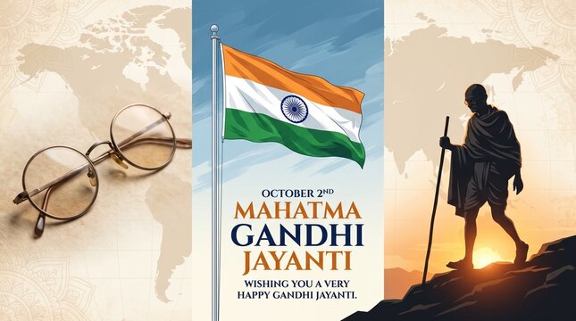 Mahatma gandhi jayanti greeting with flag and silhouette
