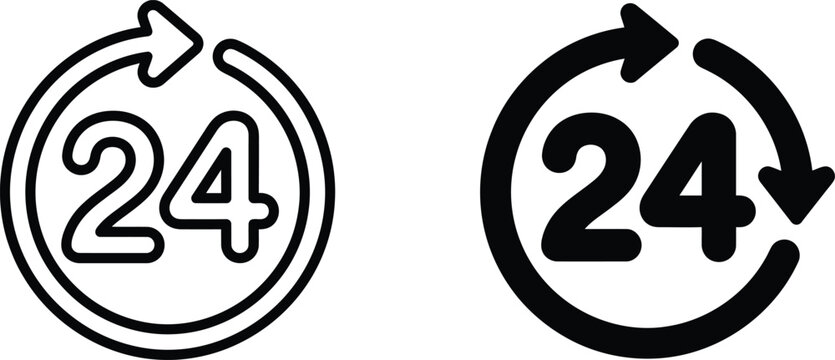 Set of two black and white twenty four hour service icons with circular arrow design elements