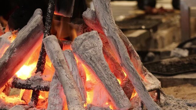 Close-Up of Binchotan Charcoal Fire for High-Heat Grilling