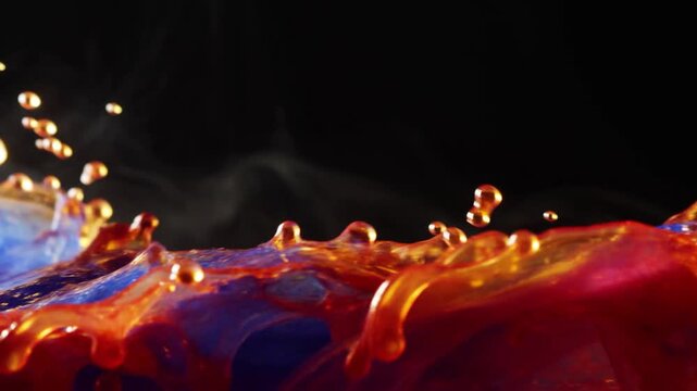 Blue, orange, and red liquid surfaces with bubbles against a dark background