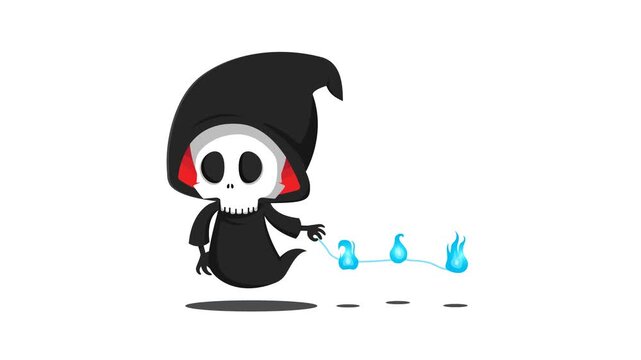flying cute cartoon grim reaper  animation with Blue Magic Flames on white background	