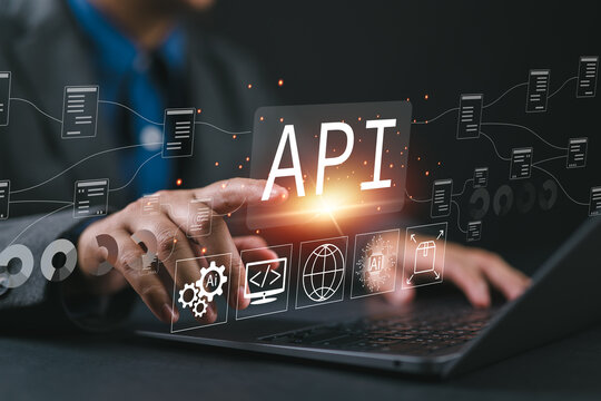 API Application Programming Interface concept, Man touch with virtual screen API icon Software development tool.