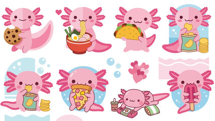 Fototapeta premium Cute pink axolotl characters eating snacks and playing games vector