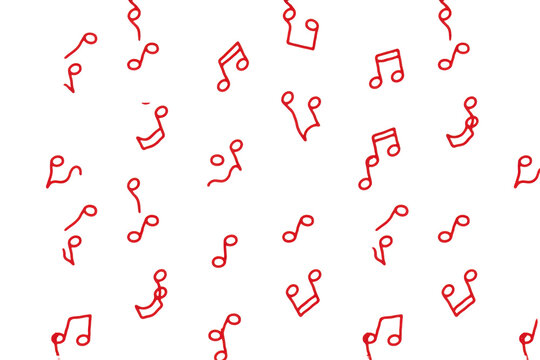 Red hand-drawn musical notes pattern arranged in a repeating vertical grid layout isolated on a transparent background