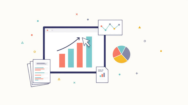 Illustrated infographic showing business analytics with charts graphs and documents on transparent background
