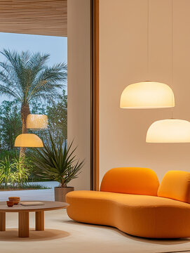 Modern living room with orange sofa and warm pendant lights overlooking lush garden