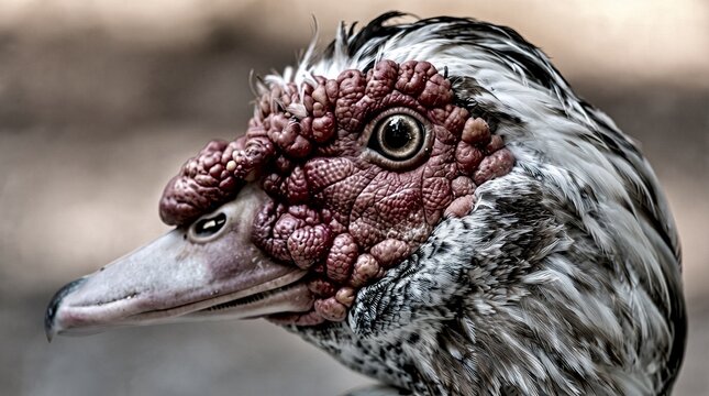 Muscovy Duck's gnarled red caruncles dominate the striking profile close-up.