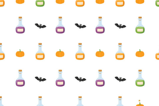 Seamless pattern featuring colorful halloween potion bottles, small orange pumpkins, and black flying bats isolated on a transparent background