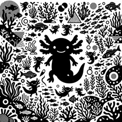 Fototapeta premium Cute axolotls and sea life silhouettes underwater pattern design