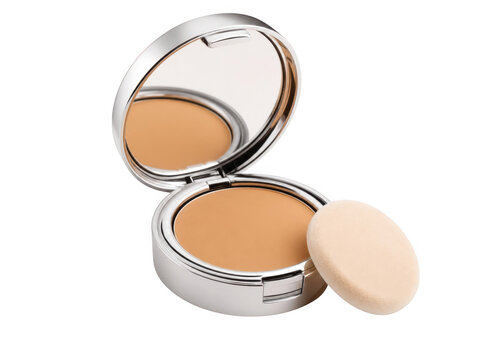 Open compact powder case with mirror and applicator sponge as isolated on transparent background