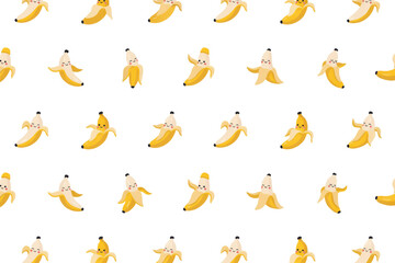 Obraz premium Seamless pattern featuring cute cartoon bananas with happy faces on a white background, isolated on a, transparent background
