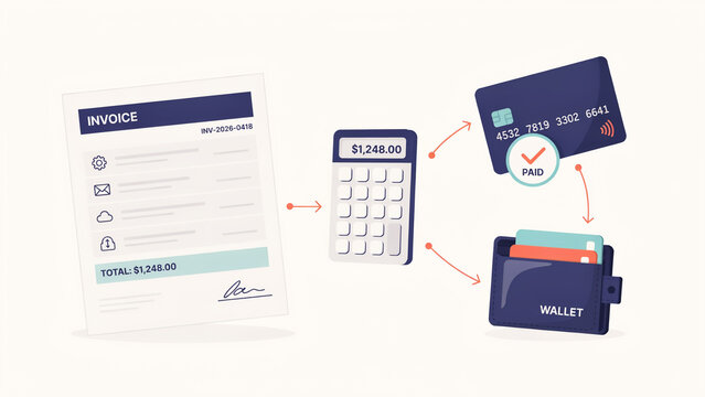 Illustration showing invoice payment process with calculator credit card and wallet