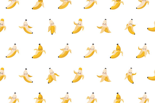 Seamless pattern featuring cute cartoon bananas with happy faces on a white background, isolated on a, transparent background