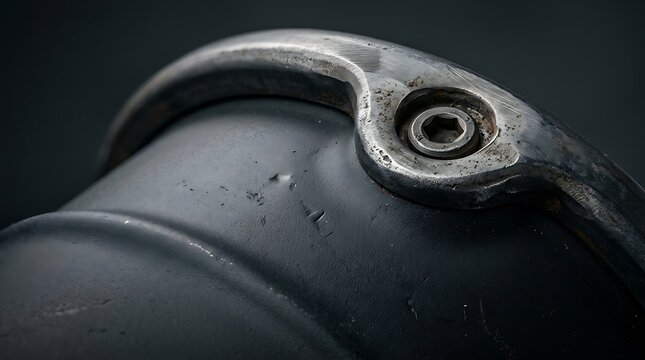 Close-up detail of a bolt on a worn black 55 gallon barrel showing industrial texture and weathered metal surface
