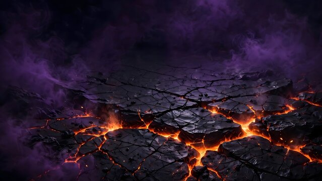Abstract Halloween background of cracked obsidian stone surface with glowing orange magma oozing through fissures deep purple ambient shadows and cinematic lighting with sharp detail.