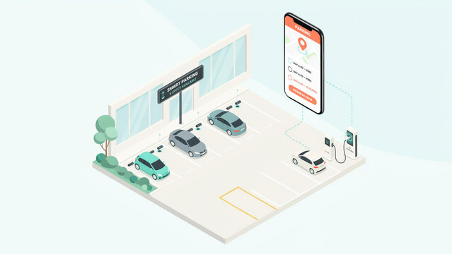 Modern smart parking lot with electric vehicle charging stations and mobile app interface for parking management