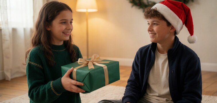 Two smiling siblings share a moment as the girl presents a green gift box to her brother wearing a Santa hat, set indoors.