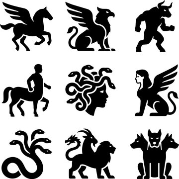 Greek mythology monsters and fantasy creatures icon set silhouette