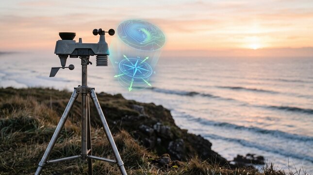 Weather station on a stainless steel tripod on a coastal cliff at sunrise projecting a 3D holographic barometric pressure map and wind compass rose over the ocean