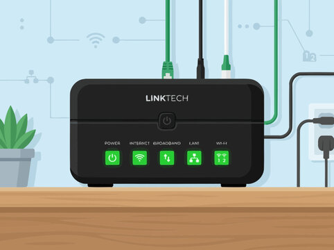 Black internet modem router with glowing green status icons on wooden table.