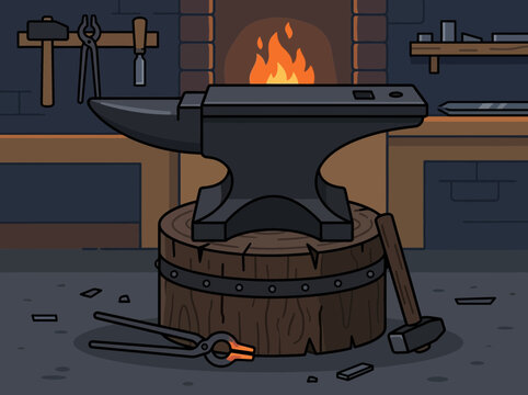 Blacksmith anvil on a wooden stump in a forge workshop.