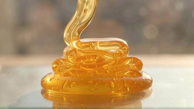 Thick golden honey pouring and coiling on a reflective surface.