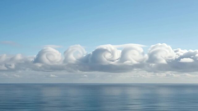 Rolling wave clouds forming over a calm blue ocean.