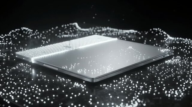 Modern laptop computer with glowing particle wave grid.