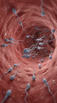 Microscopic reproductive travel: sperm navigate, fertilize process, embryo develop, female system, internal view, life journey, human reproduce, cellular biology.