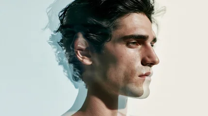 Conceptual Emotional Fashion Portrait of Elegant Man with Dual Expressions, Joyful and Melancholic Multiple Exposure, Luxury Advertising Photography  © MindPix