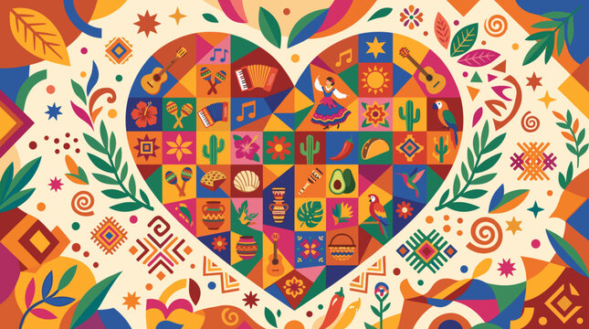 Vibrant Latin American Cultural Heritage Illustration Featuring Heart Mosaic with Folk Art Symbols and Patterns