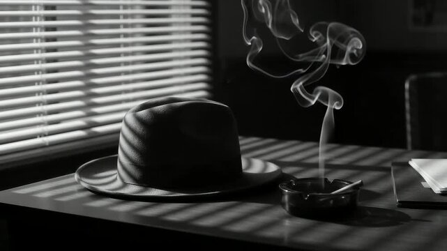 Fedora hat and smoking cigarette on desk in film noir style.