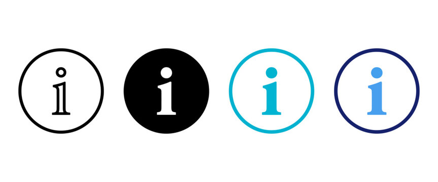 Information icon set with 4 circular vector symbols. Blue and black info signs for web UI, help desk support, and customer service navigation.