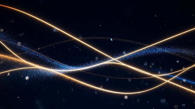Smooth flowing streams of golden light and data particles moving horizontally across a deep navy blue background, secure digital transactions and fintech concept, 4K video.