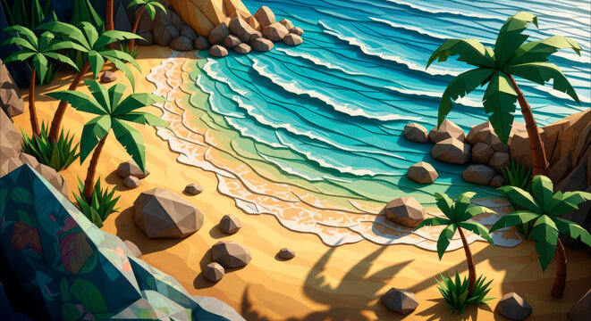 Tropical beach landscape with crystal clear waves and rocky shore surrounded by palm trees, peaceful scenery of natural beach and ocean waves. Concept tropical beach paradise destination.
