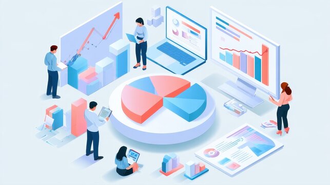 Consumer analytics tiny figures market research segmentation model target audience planning statistics presentation flat design front view finance theme water color colored pastel. 