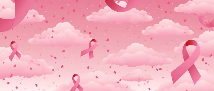Pink ribbons float among soft clouds and sparkles
