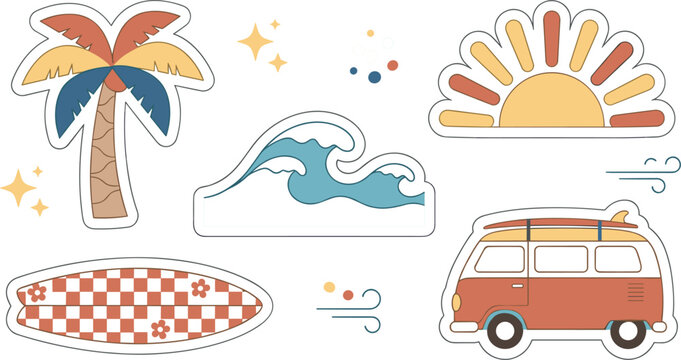 Retro summer sticker set with surf van palm tree ocean wave sun surfboard elements in vintage boho style vector